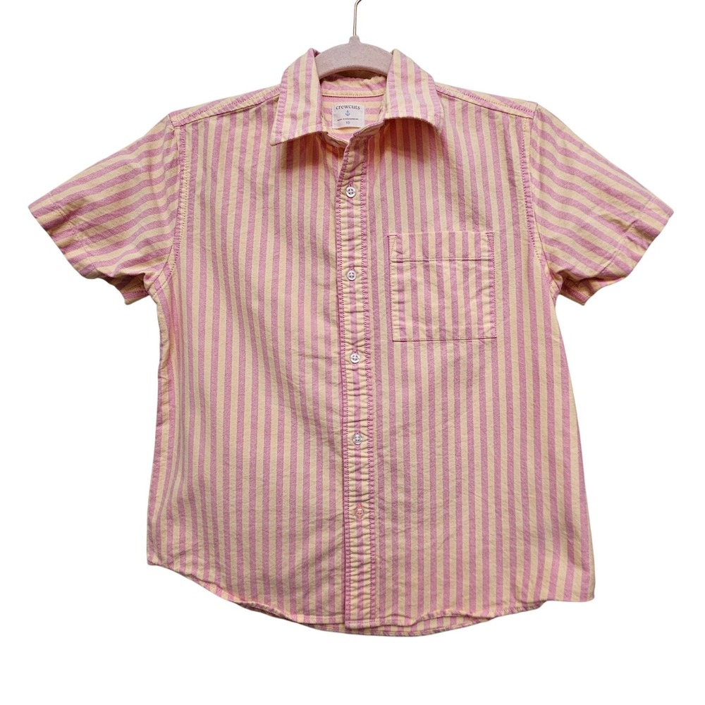 Crewcuts Button Down Shirt Boys 10 Pink Yellow Striped Short Sleeve Oxford Top